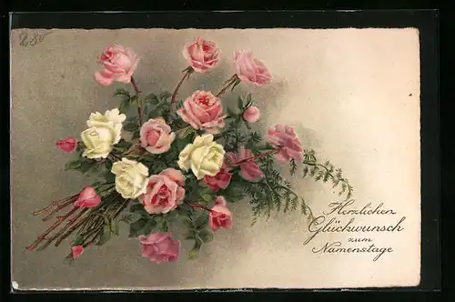 Künstler-AK Glückwunsch zum Namenstag mit einem Strauss voller Rosen