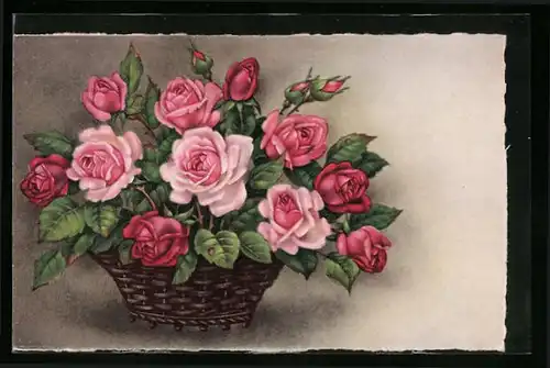 Künstler-AK Korb voller rosa farbenen Rosen