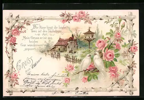 Lithographie Ottensen, Täubchen in Rosenzweigen