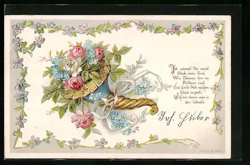 Lithographie Glückwünsche, Füllhorn mit Rosen