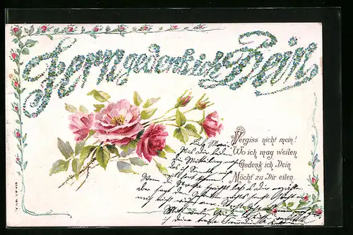 Künstler-AK Vergiss nicht mein! Rosa Blüten mit Knospen