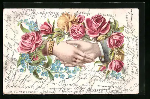 Künstler-AK Sich berührende Hände mit Rosendekor
