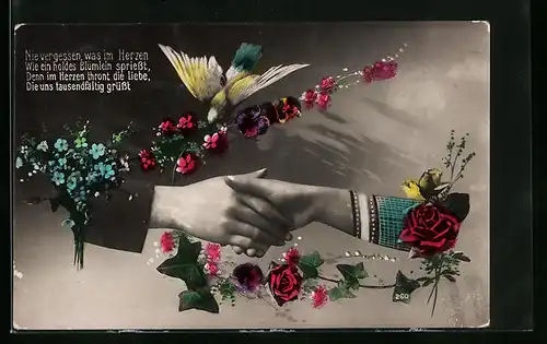 AK Sich berührende Hände mit Blütendekor und Vogel