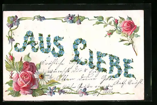 Präge-AK Aus Liebe, Vergissmeinnicht-Blüten mit Rosen