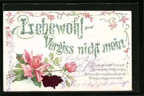 Präge-AK Lebewohl, Vergiss nicht mein, Rosen mit Knospe