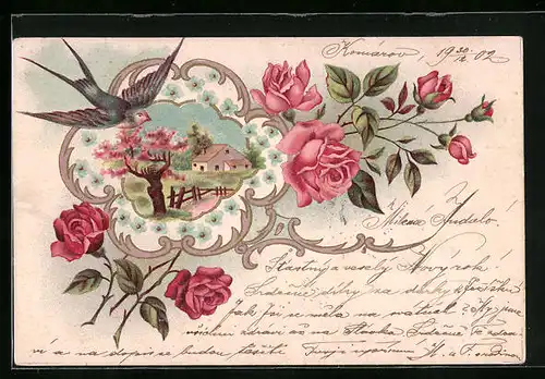 Lithographie Landschaft mit Kirschbaum und Rosendekor