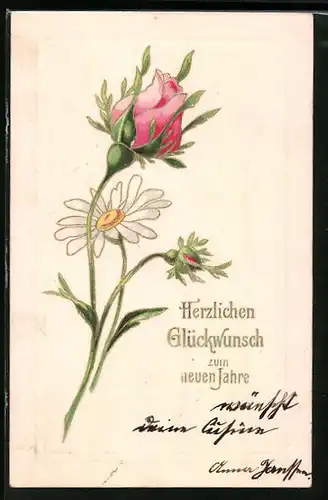 Präge-AK Rosenknospe mit Margerite