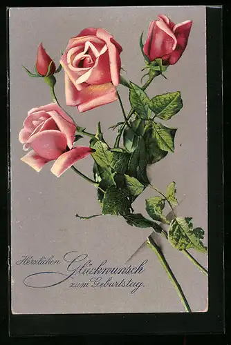 Künstler-AK Gkückwünsche zum Geburtstag mit Rosenbouquet