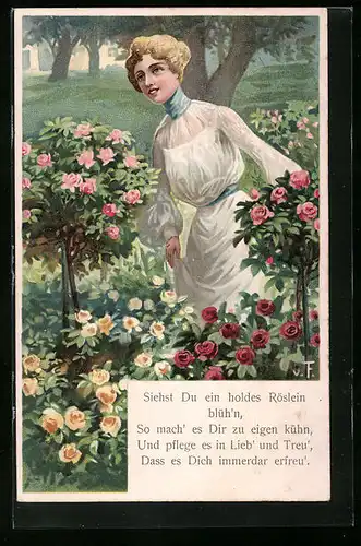 Künstler-AK Dame mit weissen Kleid im Rosengarten