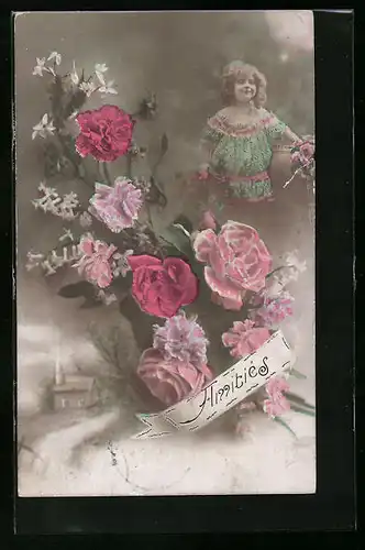 AK Rosen mit Mädchen im Kleid