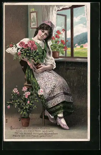 Präge-AK Dame in Tracht mit Rosen am Fenster
