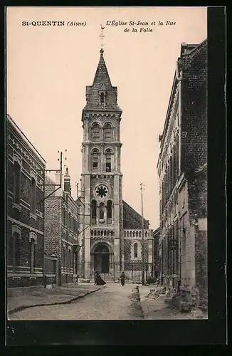 AK Saint-Quentin, L`Église St-Jean et la Rue de la Folie