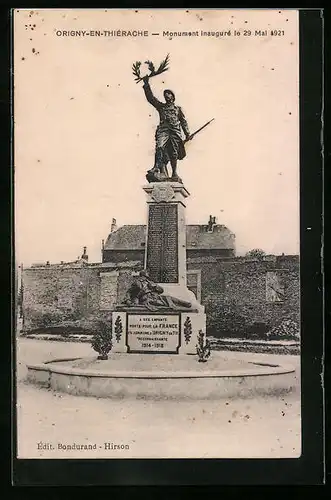 AK Origny-en-Thiérache, Monument inauguré le 29 Mai 1921