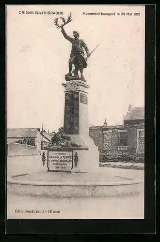 AK Origny-en-Thiérache, Monument inauguré le 29 Mai 1921