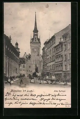 AK München, Altes Rathaus mit Geschäften und Pferdewagen