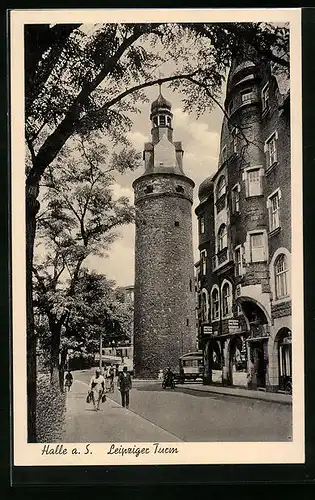 AK Halle a. S., Leipziger Turm mit Geschäft