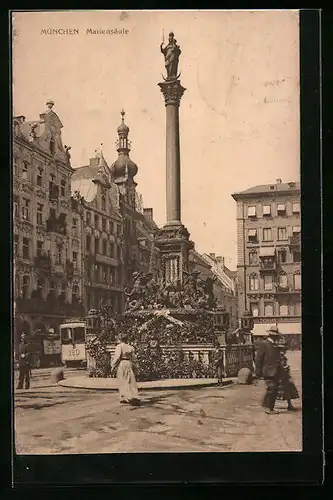 AK München, Mariensäule mit Geschäft und Strassenbahn