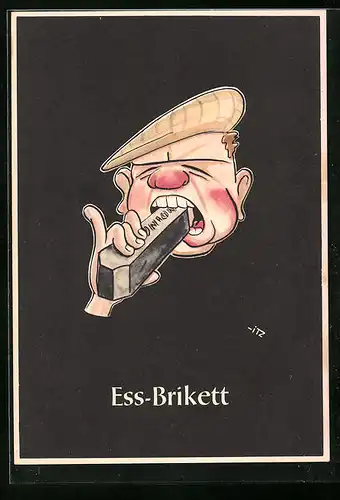 Künstler-AK sign. H. Moritz: 48 bergmännische Begriffe karikiert, aus Lustige Gezähekiste, Bild 15: Ess-Brikett