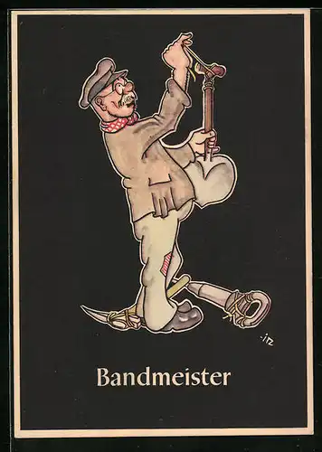 Künstler-AK sign. H. Moritz: 48 bergmännische Begriffe karikiert, aus Lustige Gezähekiste, Bild 25: Bandmeister