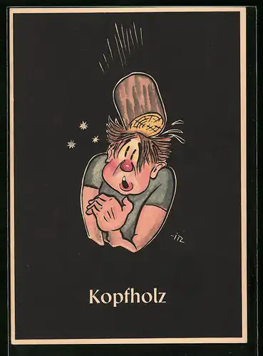 Künstler-AK sign. H. Moritz: 48 bergmännische Begriffe karikiert, aus Lustige Gezähekiste, Bild 5: Kopfholz