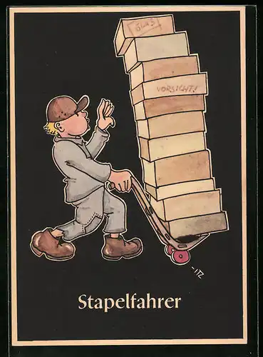 Künstler-AK sign. H. Moritz: 48 bergmännische Begriffe karikiert, aus Lustige Gezähekiste, Bild 8: Stapelfahrer