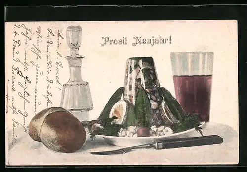 AK Neujahrsgrüsse mit köstlichem Festtagsgericht