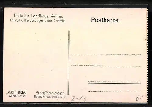 Künstler-AK Entwurf der Halle für das Landhaus Kühne des Innenarchitekten Theodor Sager