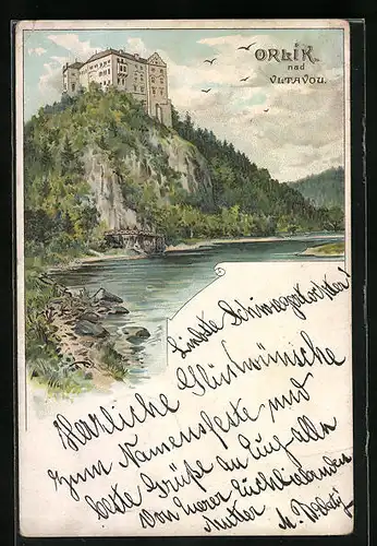 Lithographie Orlik nad Vltavou, Schloss über dem Fluss
