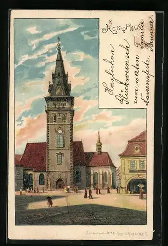 Lithographie Komotau, Ansicht der Kirche