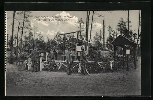 AK Prouki in Weissrussland, Fernsprech-Zentrale im Walde mit dem Heeresbericht
