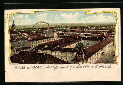 Lithographie Rastatt, Ortsansicht aus der Vogelschau