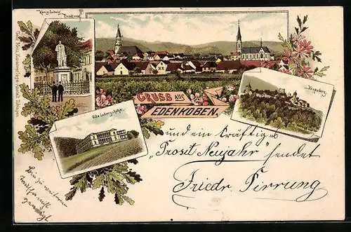 Lithographie Edenkoben, Villa Ludwigshöhe, Kropsburg, Ortsansicht