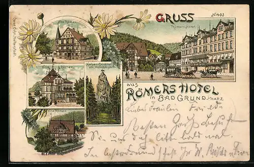 Lithographie Bad Grund /Harz, Römer`s Hotel, Villa Römer, Kaiser-Denkmal am Hübichenstein