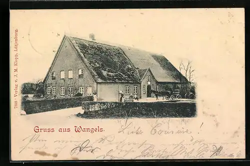 AK Wangels, Gasthaus mit Gästen, Serviererin und Kutsche