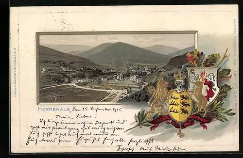 Passepartout-Lithographie Herrenalb, Ortsansicht aus der Vogelschau, Wappen, Eichenlaub