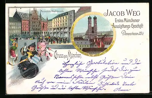 Lithographie München, Marienplatz mit Geschäft Jacob Weg - Wachtparade, Frauenkirche, Münchener Kindl