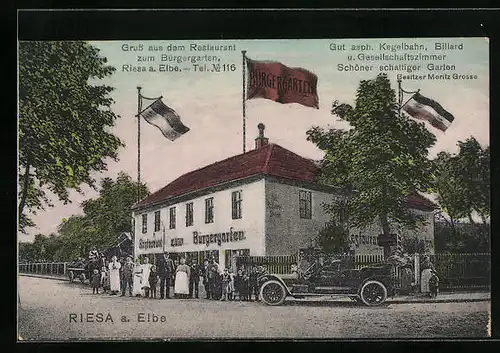 AK Riesa /Elbe, Restaurant zum Bürgergarten mit Bediensteten und Gästen von der Strasse aus