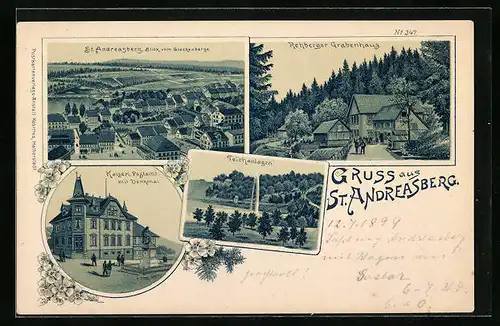AK St. Andreasberg, Ortsansicht vom Glockenberg, Rehberger Grabenhaus, Postamt mit Denkmal