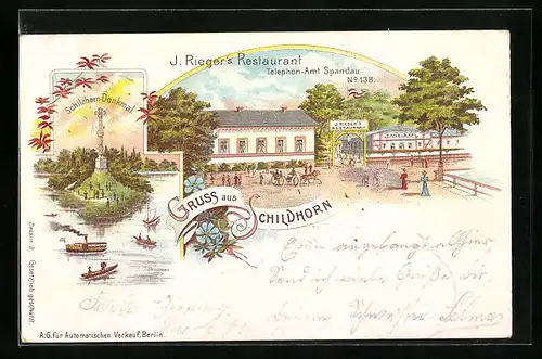 Lithographie Berlin-Grunewald, J. Rieger`s Restaurant Schildhorn, Schildhorn-Denkmal