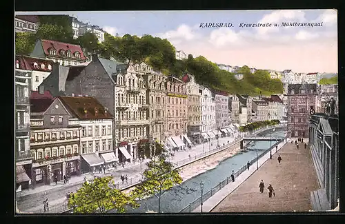 AK Karlsbad, Kreuzstrasse und Mühlbrunnquai