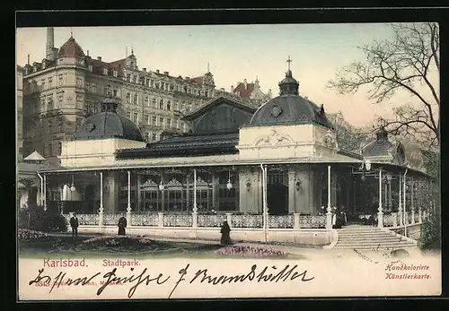 Künstler-AK Karlsbad, Stadtpark mit Terrasse