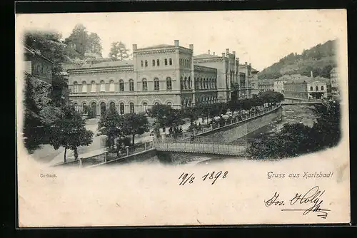 AK Karlsbad, Kurhaus mit Brücke
