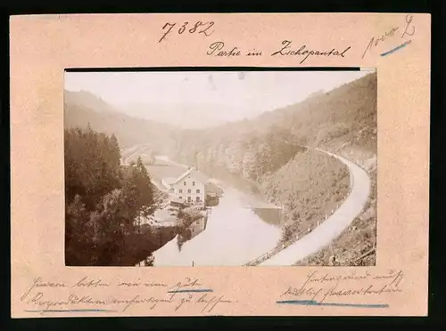 Fotografie Brück & Sohn Meissen, Ansicht Zschopau, Blick auf eine Holzlager im Zschopautal