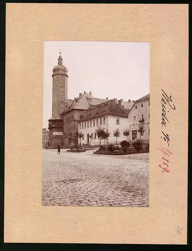 Fotografie Brück & Sohn Meissen, Ansicht Weida i. Sa., Blick auf den Marktplatz mit Städtischer Spakasse und Obsthandlel
