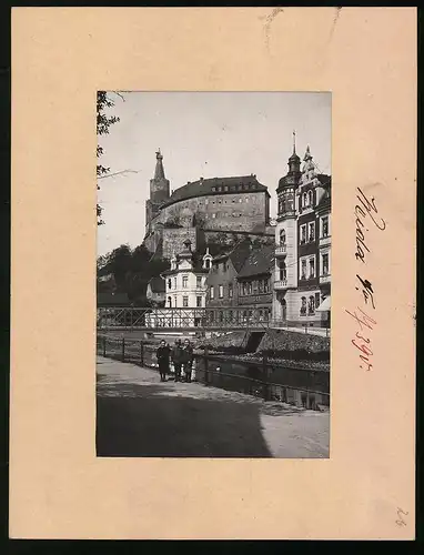 Fotografie Brück & Sohn Meissen, Ansicht Weida i. Sa., Geschäfte Wirkerei Franz Ille, Fritz Koch, Blick zum Schloss
