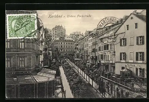 AK Karlsbad, Untere Parkstrasse aus der Vogelschau