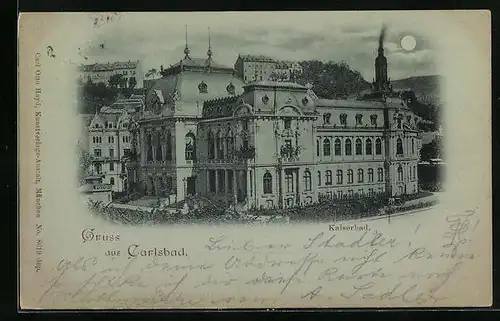 Mondschein-AK Carlsbad, Kaiserbad aus der Vogelschau