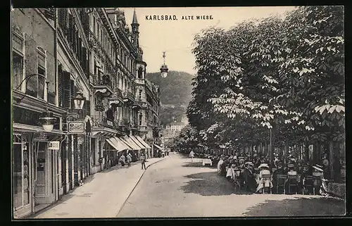 AK Karlsbad, Alte Wiese mit Restaurantgästen unter Bäumen