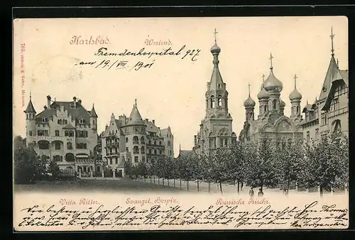 AK Karlsbad, Westend mit Villa Ritter, Evangel. Hospiz und Russischer Kirche