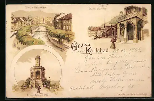 Lithographie Karlsbad, Alte und Neue Wiese, Marktbrunnen, Franz Josephs-Höhe